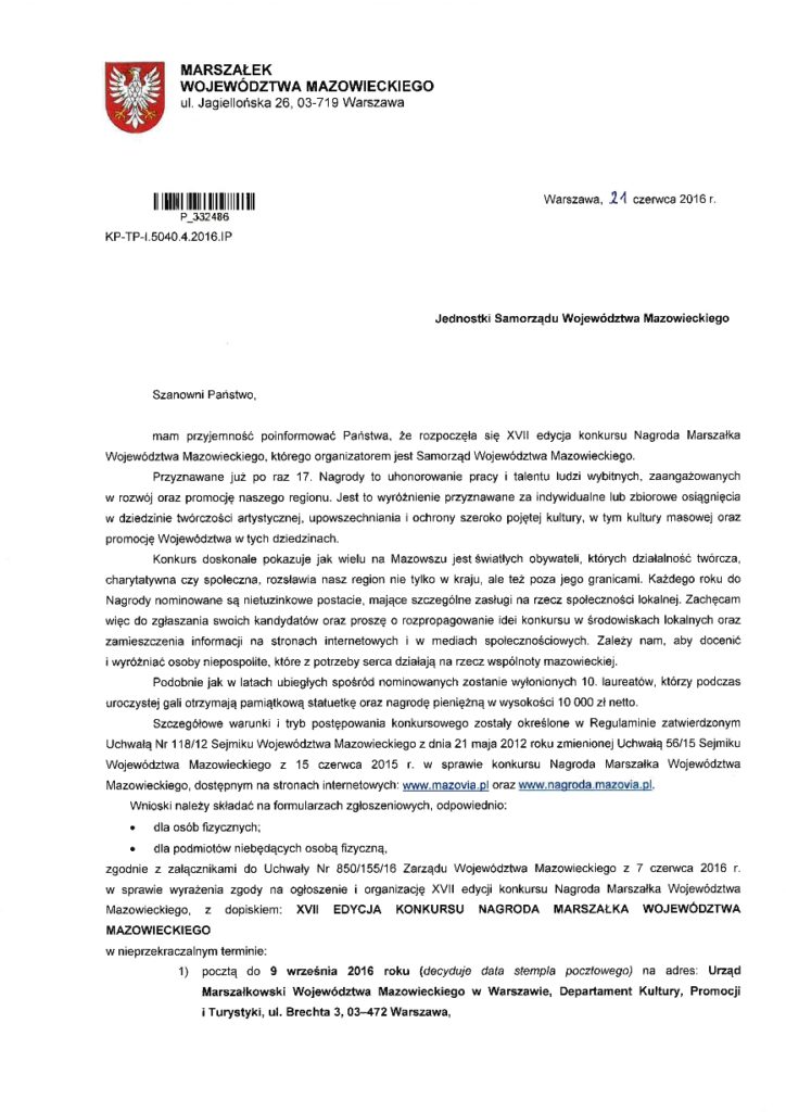 List Marszałka  - Nagroda Marszałka